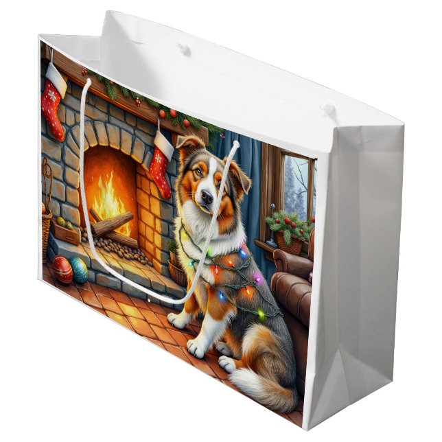Australian Shepherd Fireplace with Christmas Light Large Gift Bag (Front Angled)