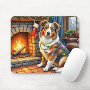 Australian Shepherd Fireplace with Christmas Light Mouse Mat