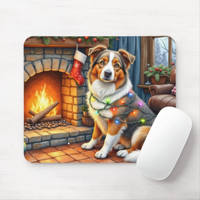 Australian Shepherd Fireplace with Christmas Light Mouse Mat (With Mouse)