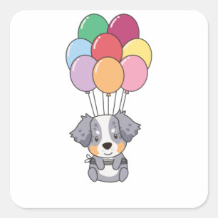 Australian Shepherd Flies With Colourful Balloons Square Sticker