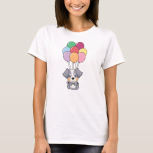 Australian Shepherd Flies With Colourful Balloons T-Shirt