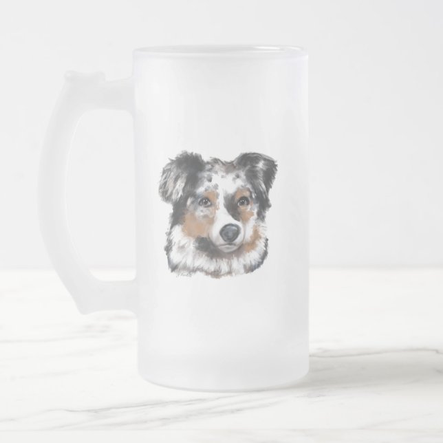 Australian Shepherd Frosted Glass Beer Mug (Left)