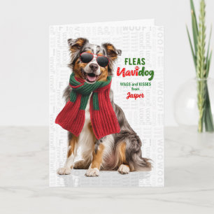Australian Shepherd Funny Fleas Navidog with Name Holiday Card