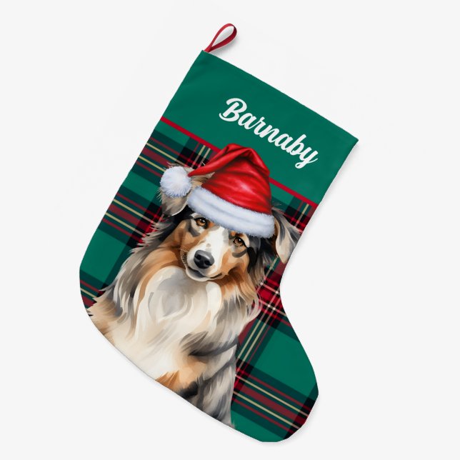 Australian Shepherd Green Plaid with Dog's Name Large Christmas Stocking (Front (Hanging))