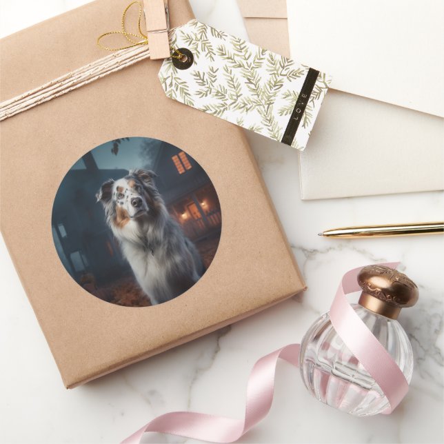 Australian Shepherd Halloween Scary Classic Round Sticker (Gifting)