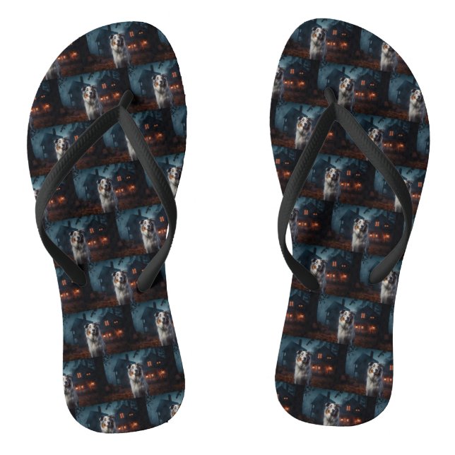 Australian Shepherd Halloween Scary Flip Flops (Footbed)