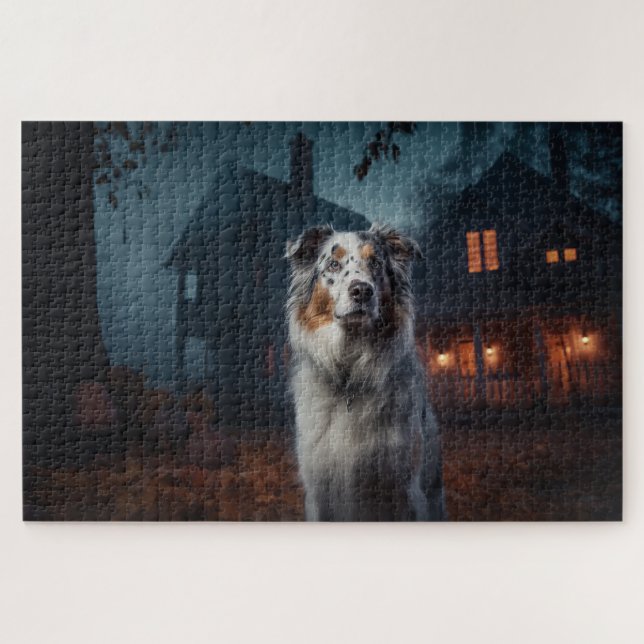 Australian Shepherd Halloween Scary Jigsaw Puzzle (Horizontal)
