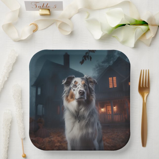 Australian Shepherd Halloween Scary Paper Plate (Wedding)