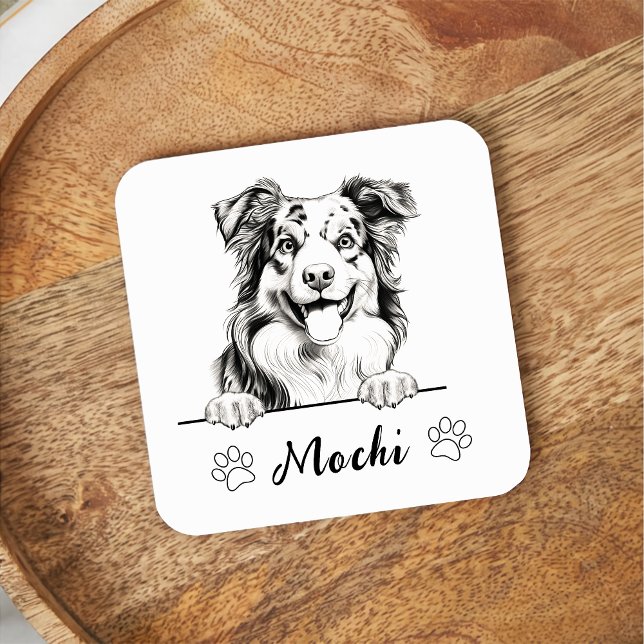 Australian Shepherd Hand Drawing Personalised Square Paper Coaster (Creator Uploaded)