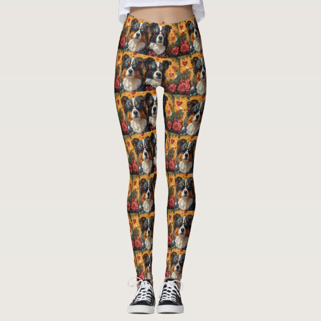 Australian Shepherd Heart Roses Valentine's Day Leggings (Front)