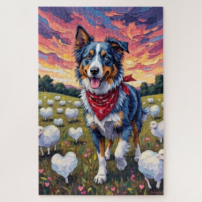 Australian Shepherd Herding Heart-Grass Sheep Jigsaw Puzzle (Vertical)