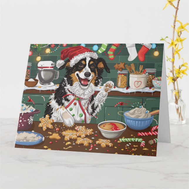 Australian Shepherd Holiday Baking Christmas Card (Yellow Flower)