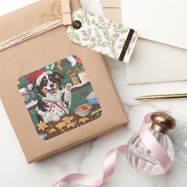 Australian Shepherd Holiday Baking Christmas Square Sticker (Gifting)