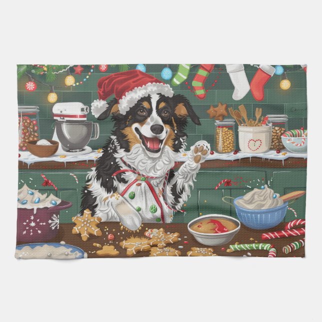Australian Shepherd Holiday Baking Christmas Tea Towel (Horizontal)