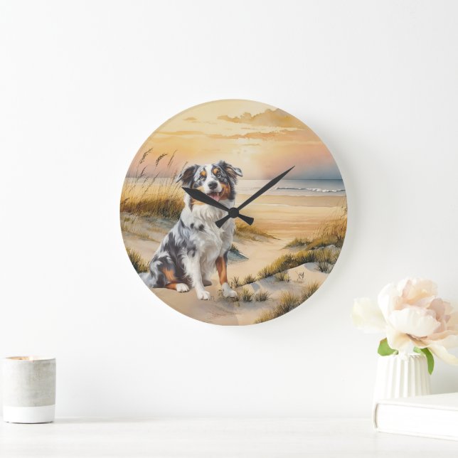 Australian Shepherd in a Beach Cove Large Clock (Home)