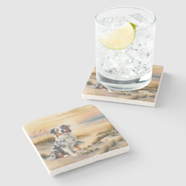 Australian Shepherd in a Beach Cove Stone Coaster (Side)