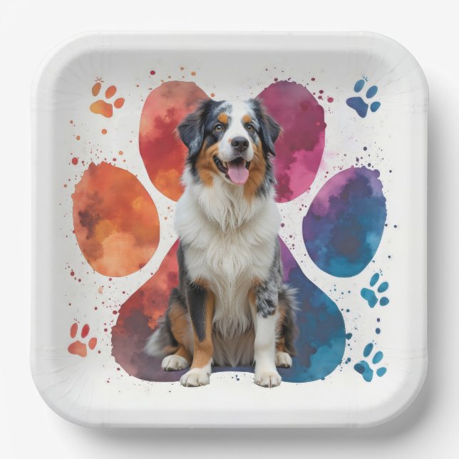 Australian Shepherd In a Pawprint Paper Plate (Front)