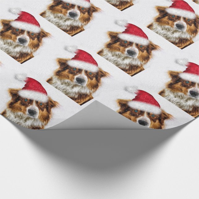 Australian Shepherd in a Santa Hat Christmas Wrapping Paper (Corner)