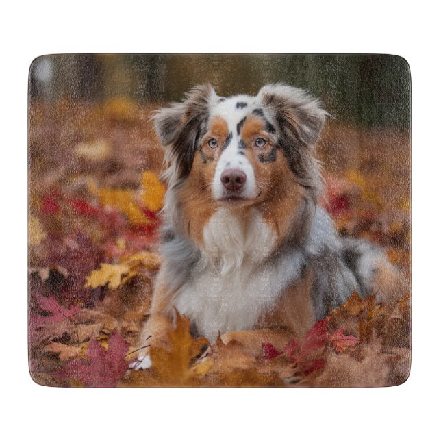 Australian Shepherd  in Autumn Leaves Fall Inspire Cutting Board (Front)