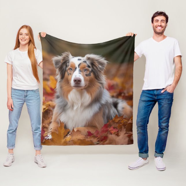 Australian Shepherd  in Autumn Leaves Fall Inspire Fleece Blanket (In Situ)