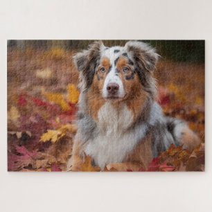 Australian Shepherd in Autumn Leaves Fall Inspire Jigsaw Puzzle
