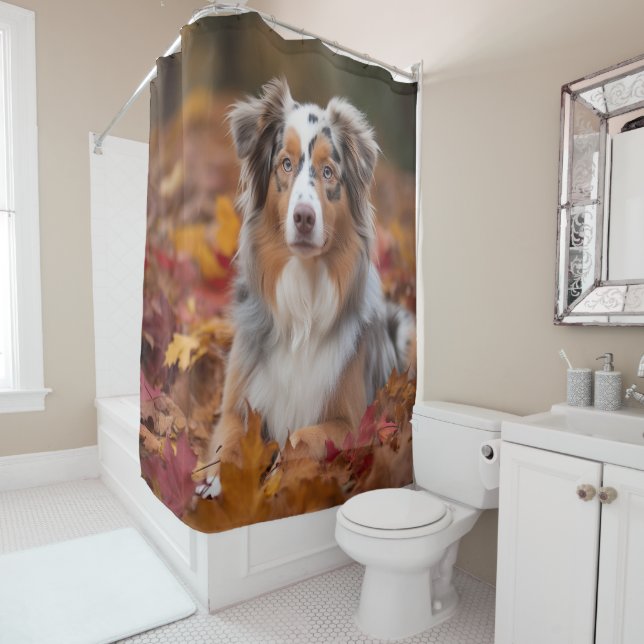 Australian Shepherd  in Autumn Leaves Fall Inspire Shower Curtain (In Situ)