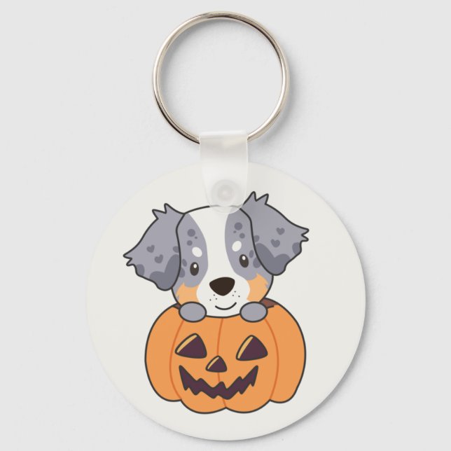 Australian Shepherd In Pumpkin Cute Happy Keychain (Front)