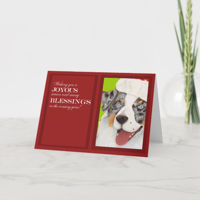 Australian Shepherd in Santa Hat Christmas Card (Front)