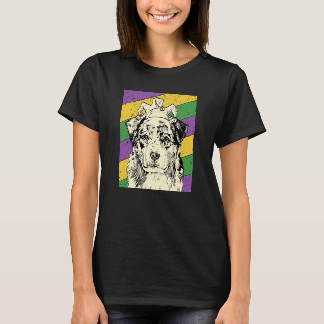 Australian Shepherd Jester Mardi Gras Dog Mom or D T-Shirt (Front)