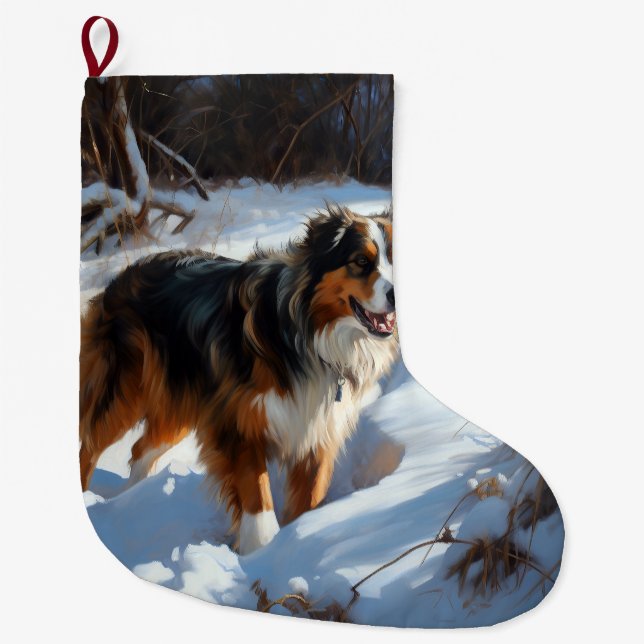 Australian Shepherd Let It Snow Christmas Large Christmas Stocking (Front)