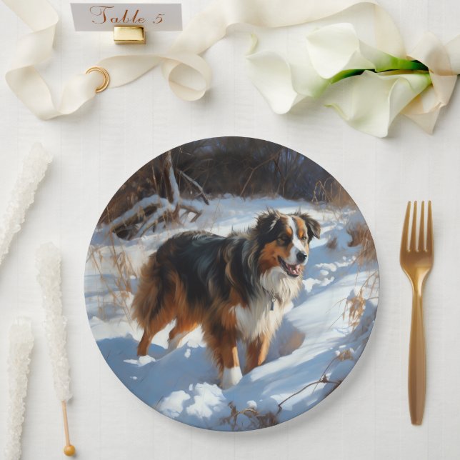 Australian Shepherd Let It Snow Christmas Paper Plate (Wedding)