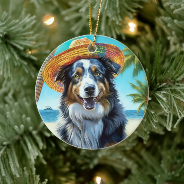 Australian Shepherd On Beach dog lover summer gift Ceramic Tree Decoration (Tree)