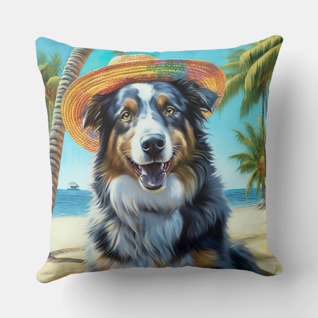 Australian Shepherd On Beach dog lover summer gift Cushion (Back)