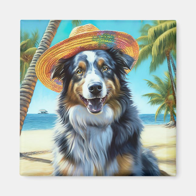 Australian Shepherd On Beach dog lover summer gift Magnet (Front)