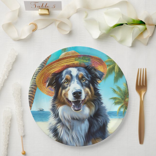 Australian Shepherd On Beach dog lover summer gift Paper Plate (Wedding)
