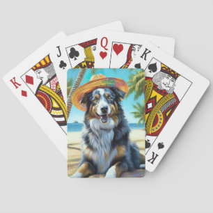 Australian Shepherd On Beach dog lover summer gift Playing Cards