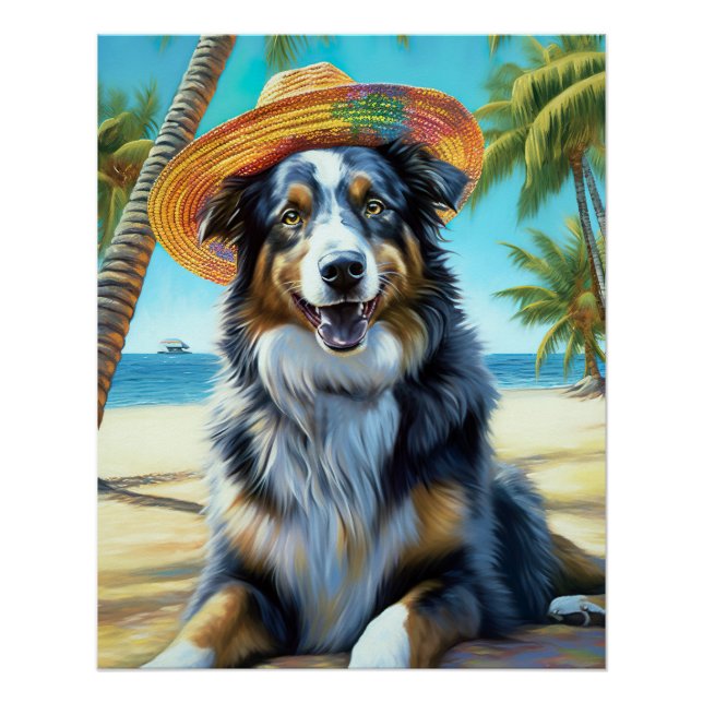 Australian Shepherd On Beach dog lover summer gift Poster (Front)