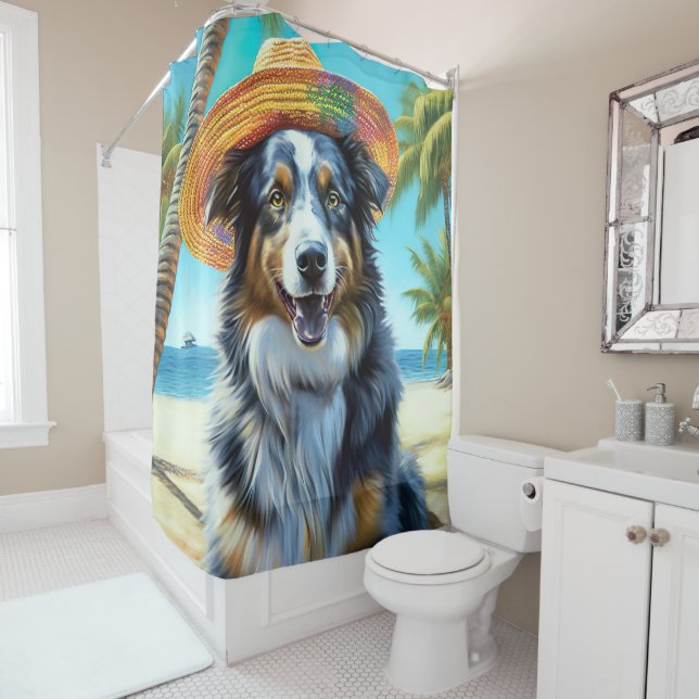 Australian Shepherd On Beach dog lover summer gift Shower Curtain (In Situ)