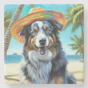 Australian Shepherd On Beach dog lover summer gift Stone Coaster