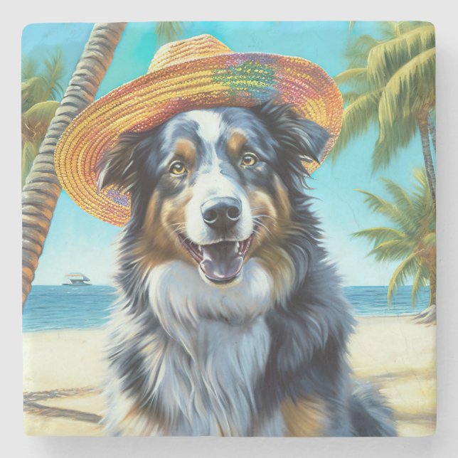 Australian Shepherd On Beach dog lover summer gift Stone Coaster (Front)