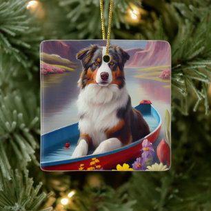 Australian Shepherd on Paddle: A Scenic Adventure Ceramic Ornament