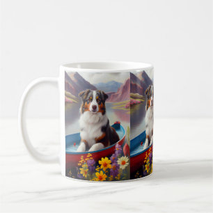 Australian Shepherd on Paddle: A Scenic Adventure Coffee Mug
