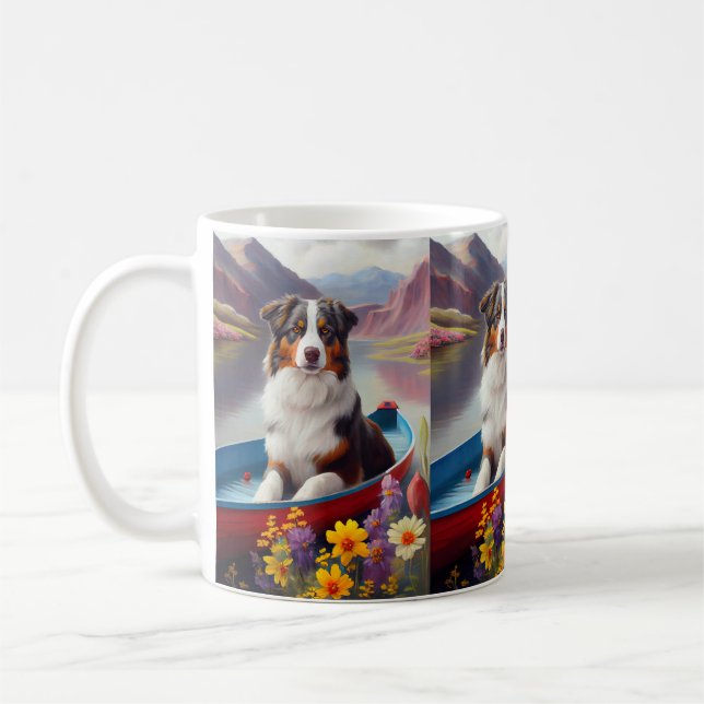 Australian Shepherd on Paddle: A Scenic Adventure Coffee Mug (Left)