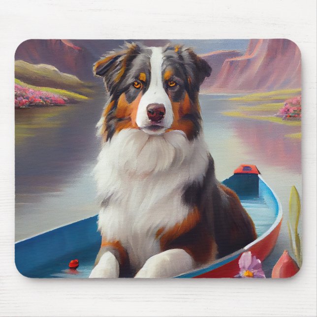 Australian Shepherd on Paddle: A Scenic Adventure Mouse Mat (Front)