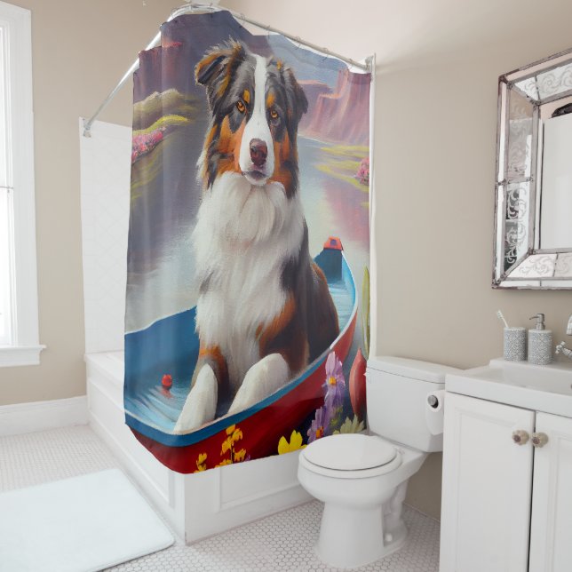 Australian Shepherd on Paddle: A Scenic Adventure Shower Curtain (In Situ)