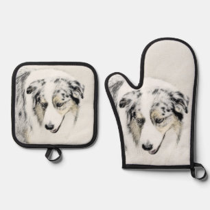 Australian Shepherd Painting Blue Merle Dog Art Oven Mitt & Pot Holder Set