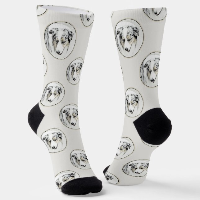 Australian Shepherd Painting Blue Merle Dog Art Socks (Angled)