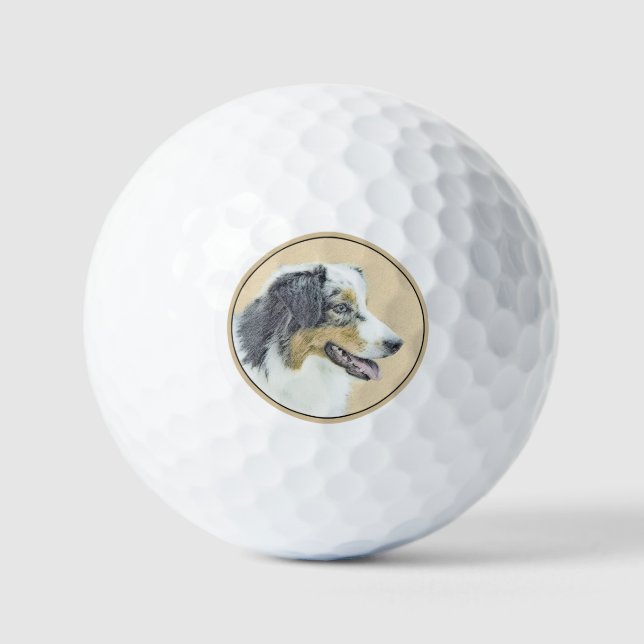 Australian Shepherd Painting - Original Dog Art Golf Balls (Front)