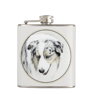 Australian Shepherd Painting - Original Dog Art Hip Flask