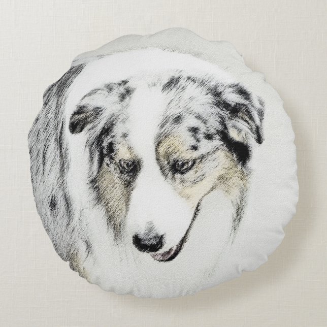 Australian Shepherd Painting - Original Dog Art Round Cushion (Back)